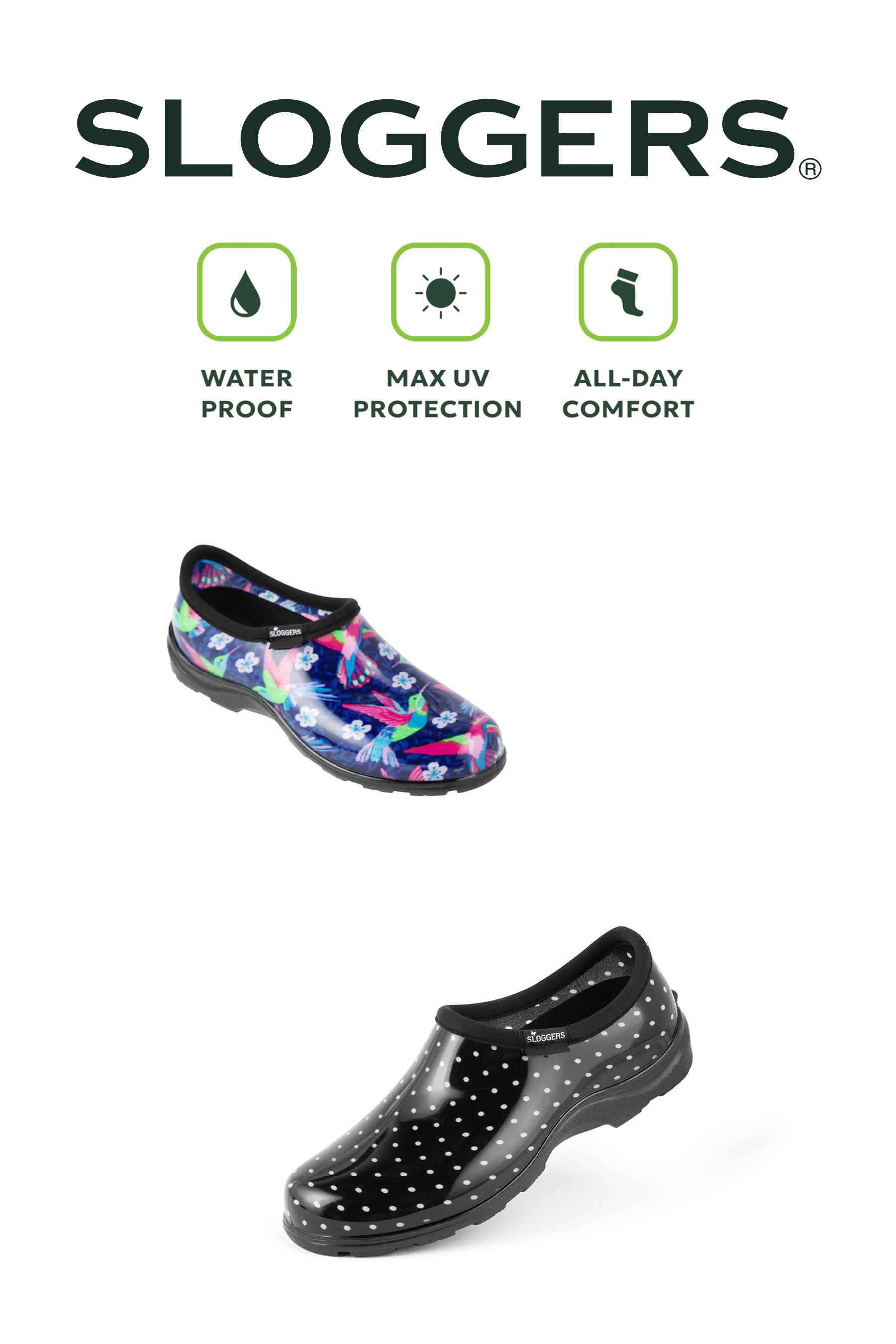 Sloggers Women's Original Garden Shoe in Black-White Polka Dot