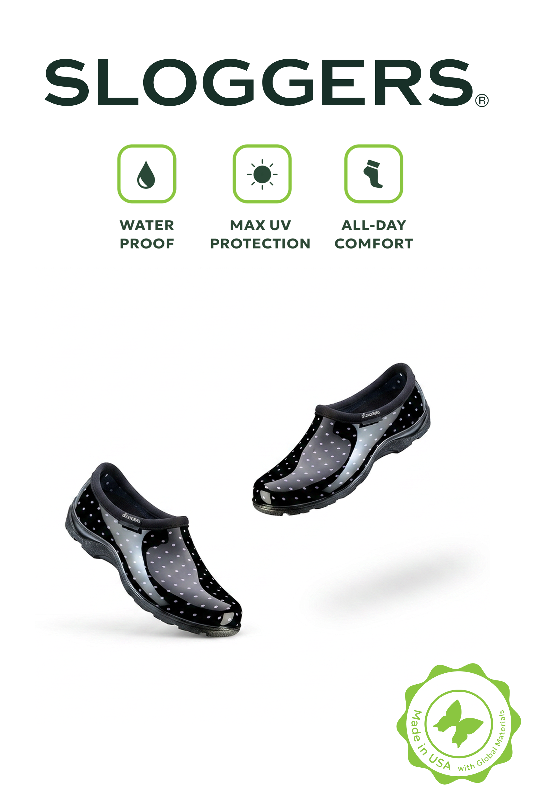 Sloggers Women's Original Garden Shoe in Black-White Polka Dot