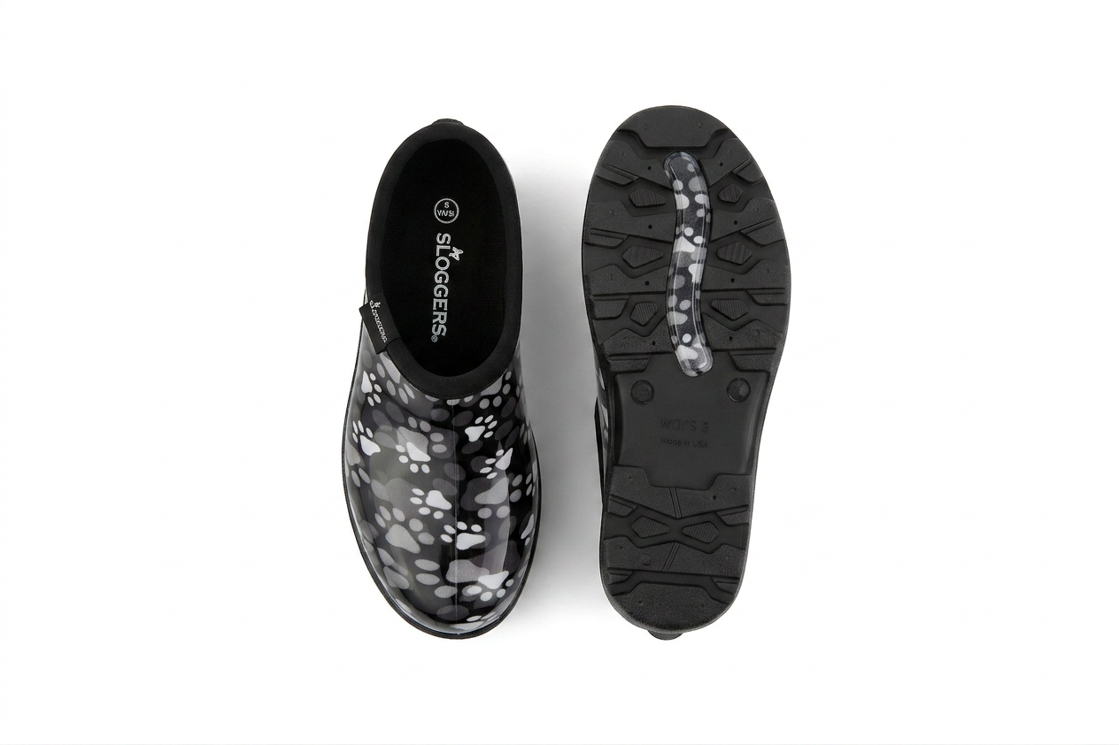 Sloggers Women's Original Garden Shoe in Black-White Paw Print