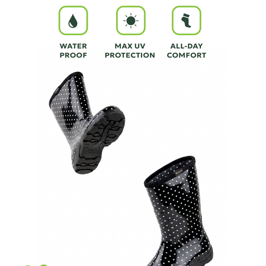 Sloggers Women's Mid-Calf 10" Boot in Black-White Polka Dot