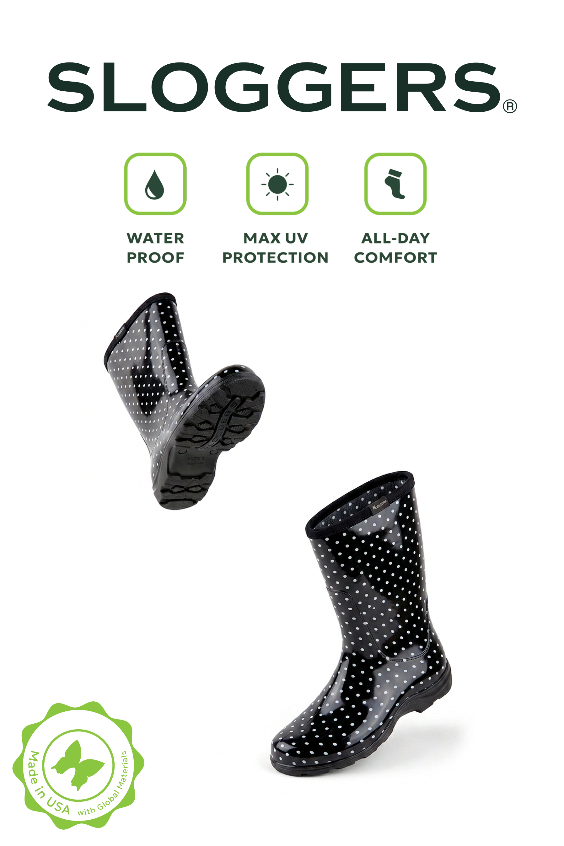 Sloggers Women's Mid-Calf 10" Boot in Black-White Polka Dot