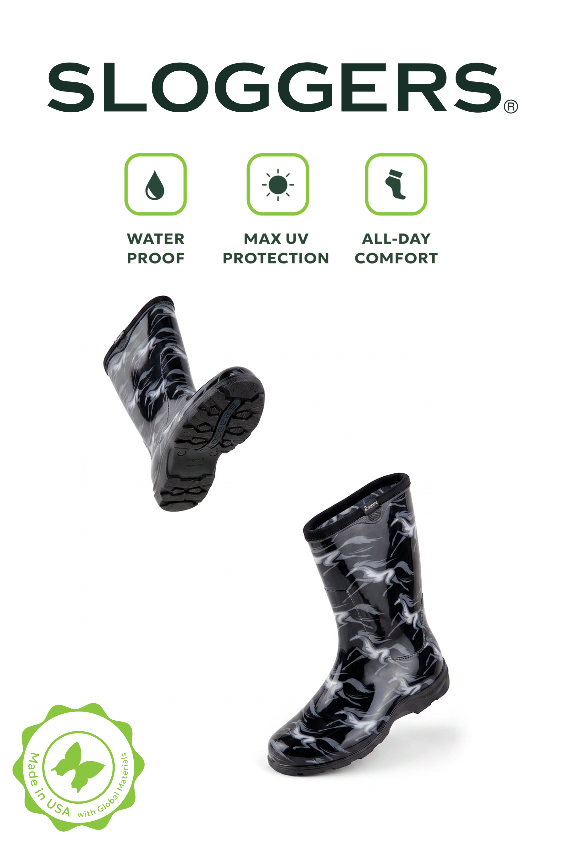 Sloggers Women's Mid-Calf 10" Boot in Flying Horses Black