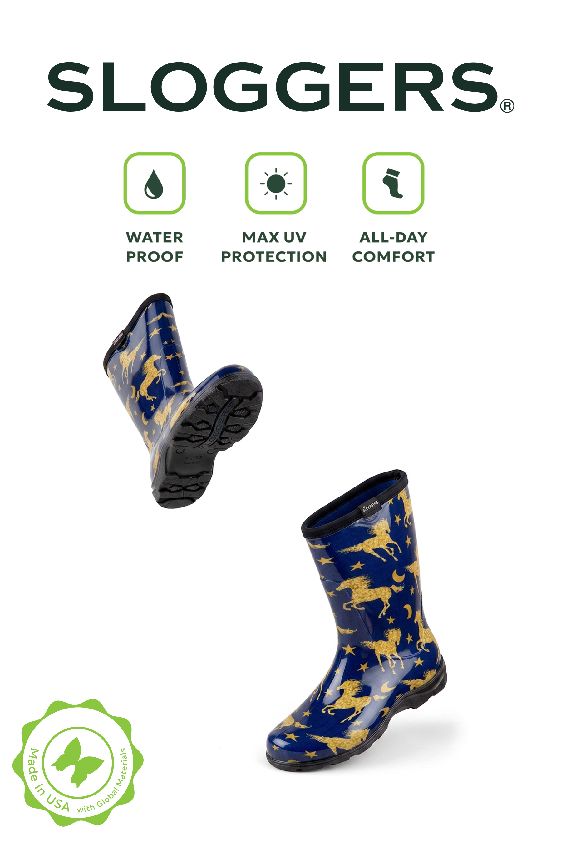 Sloggers Women's Mid-Calf 10" Boot in Horse Stars Blue