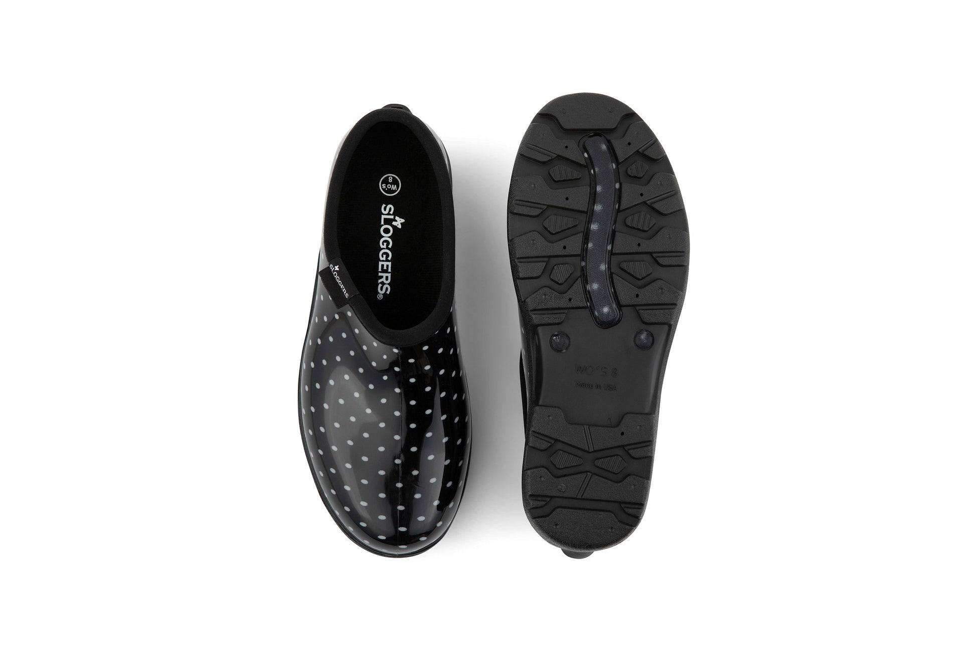 Sloggers Women's Original Garden Shoe in Black-White Polka Dot